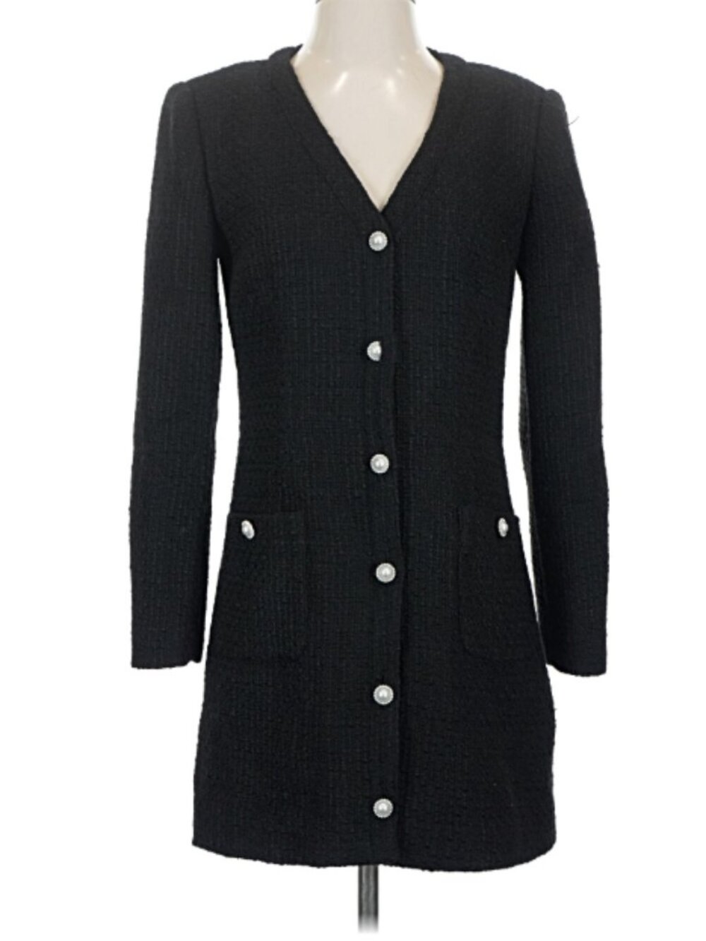 Antonio Melani dress tweed mini button 4 small white black up long sleeve v neck